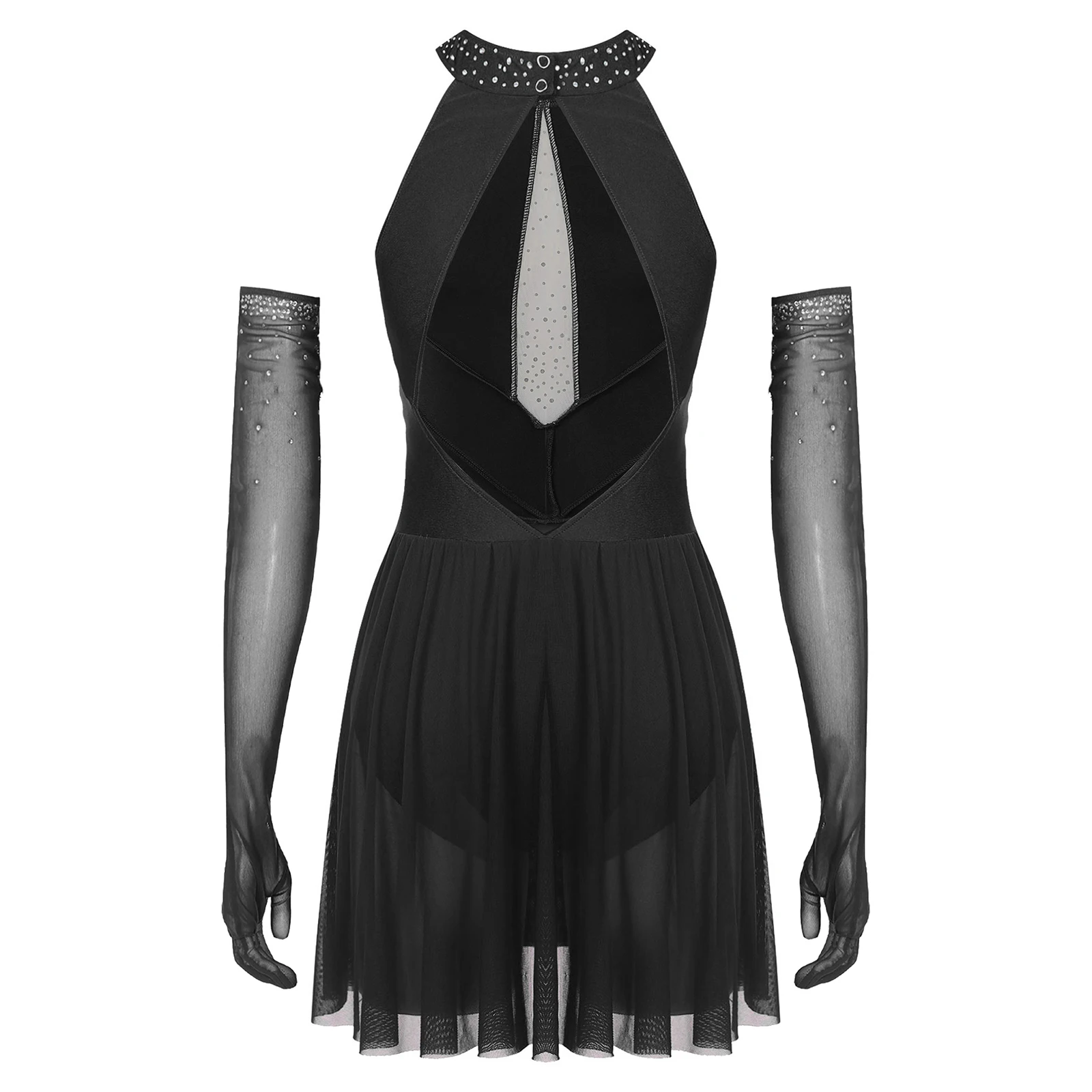 

Women Skating Dance Dress Modern Latin Jazz Dance Set with Gloves Backless Cutout Rhinestone Dress with Built-in Briefs Outfits