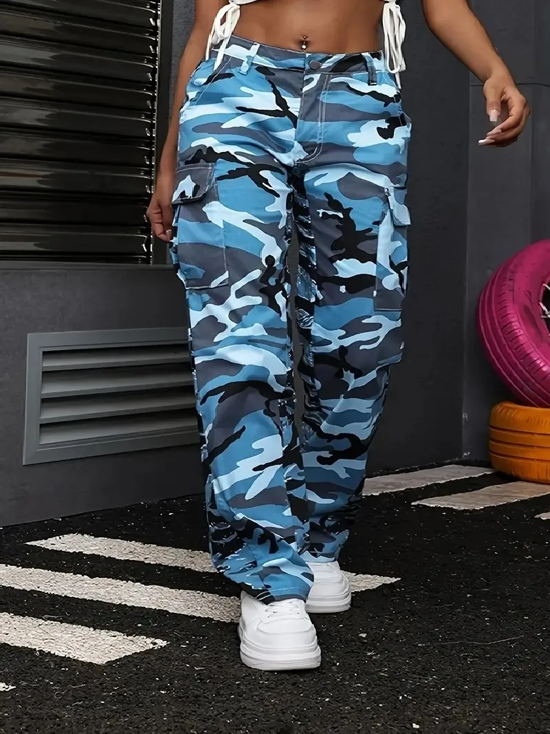Bolsos laterais não elásticos femininos, lavagem multicolorida, camuflagem azul marinho, esportes e jeans de trabalho retos casuais