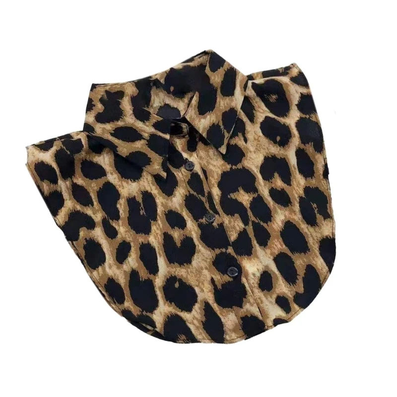 Women Button Up Half Shirt Leopard Snakeskin Lapel Faux Collar Layering Blouse