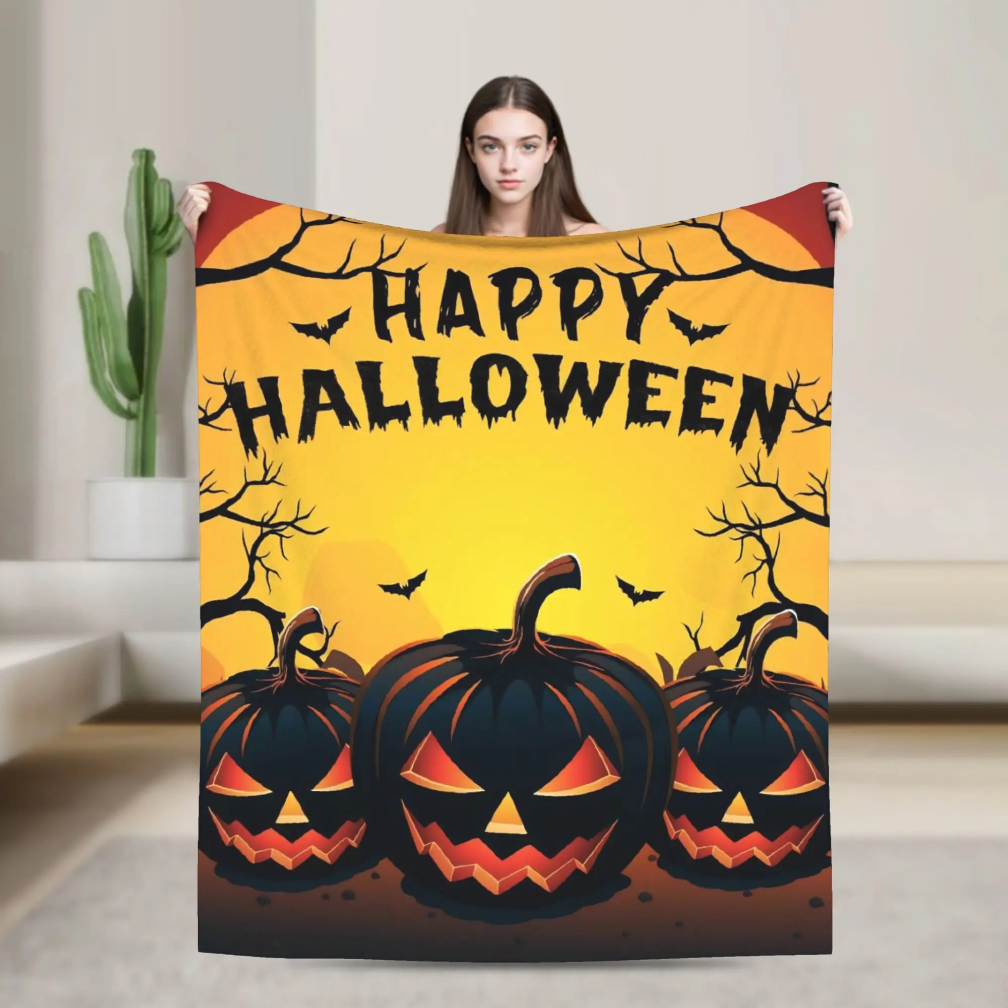 Happy Halloween Horror Pumpkin Blanket  Fuzzy Throw Blankets Airplane Travel Decoration Lightweight Bedspread