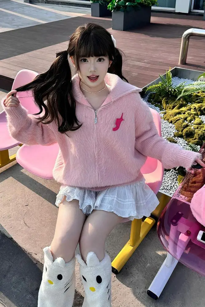 

Japanese Sweet Style Furry Knitted Cardigan Women Spring Autumn New Niche Design Soft Loose Long-Sleeved Sweater Jacket