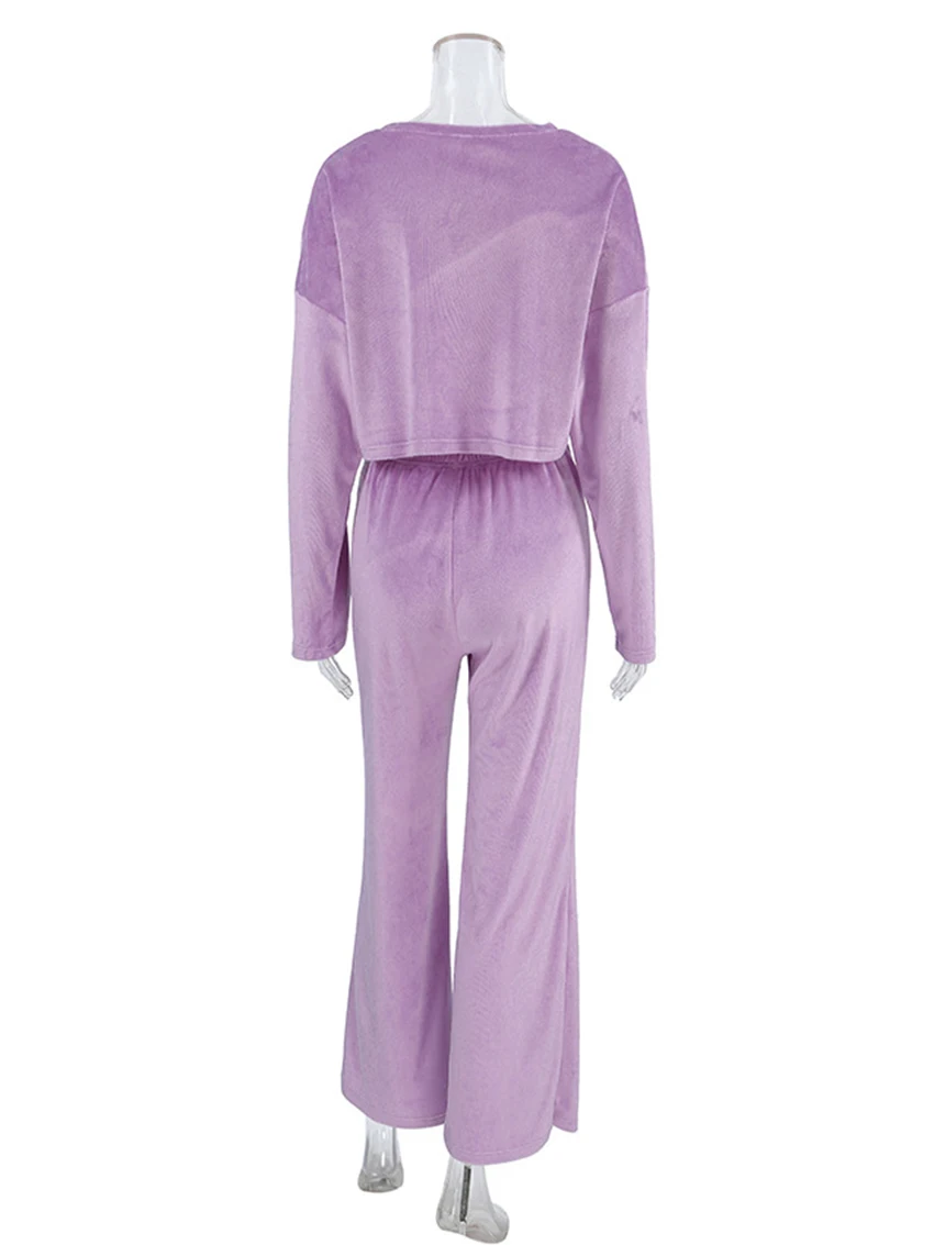 Marthaqiqi Casual Women Nightgowns Set Long Sleeve Pajamas O-Neck Sleepwear Crop Top Nightie Pants Ladies Nightwear 2 Piece Suit