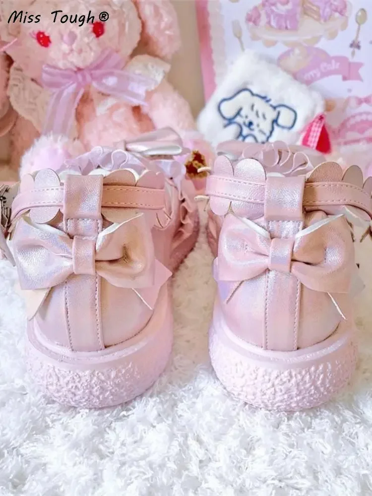 Japanese Kawaii Sweet Sandals Women Bow Lolita Style Chic Mary Janes Shoes Buckle Design Round Toe Cute Casual Shoes Summer 2024