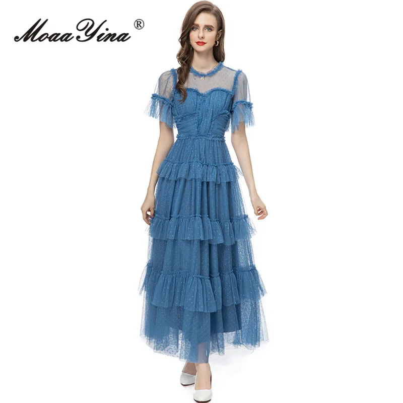 

MoaaYina Summer Fashion Runway Vintage Polka Dot Print Dress Women O Necl Short Sleeve Cascading Ruffles A-LINE Slim Long Dress