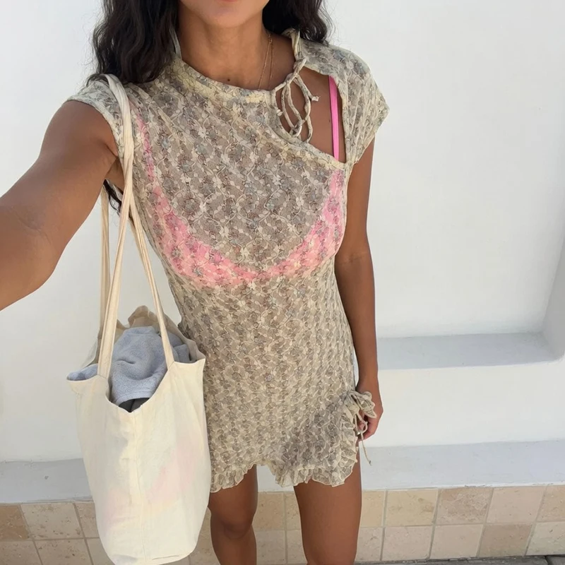 

Typhaland Sexy See Through Hollow Mini Dress Women Sleeveless Slim Summer Beach Vacation Party Clothes 2026 Summer Female Dress