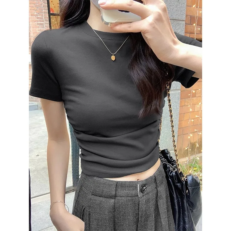 

Shoulder Round Neck Short Sleeved T-Shirt For Women's Temperament, Versatile, Slim Fit, Bottom Layer, Outerwear