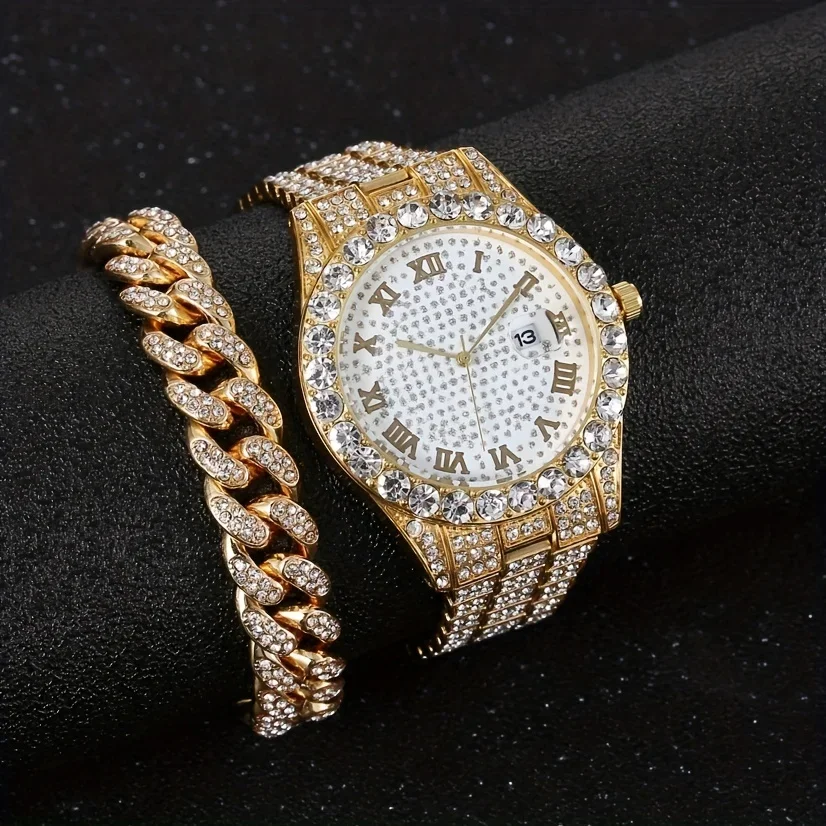 2 pieces/set of luxury men's hip-hop watches, adorned with sparkling artificial diamonds and Cuban chain bracelets