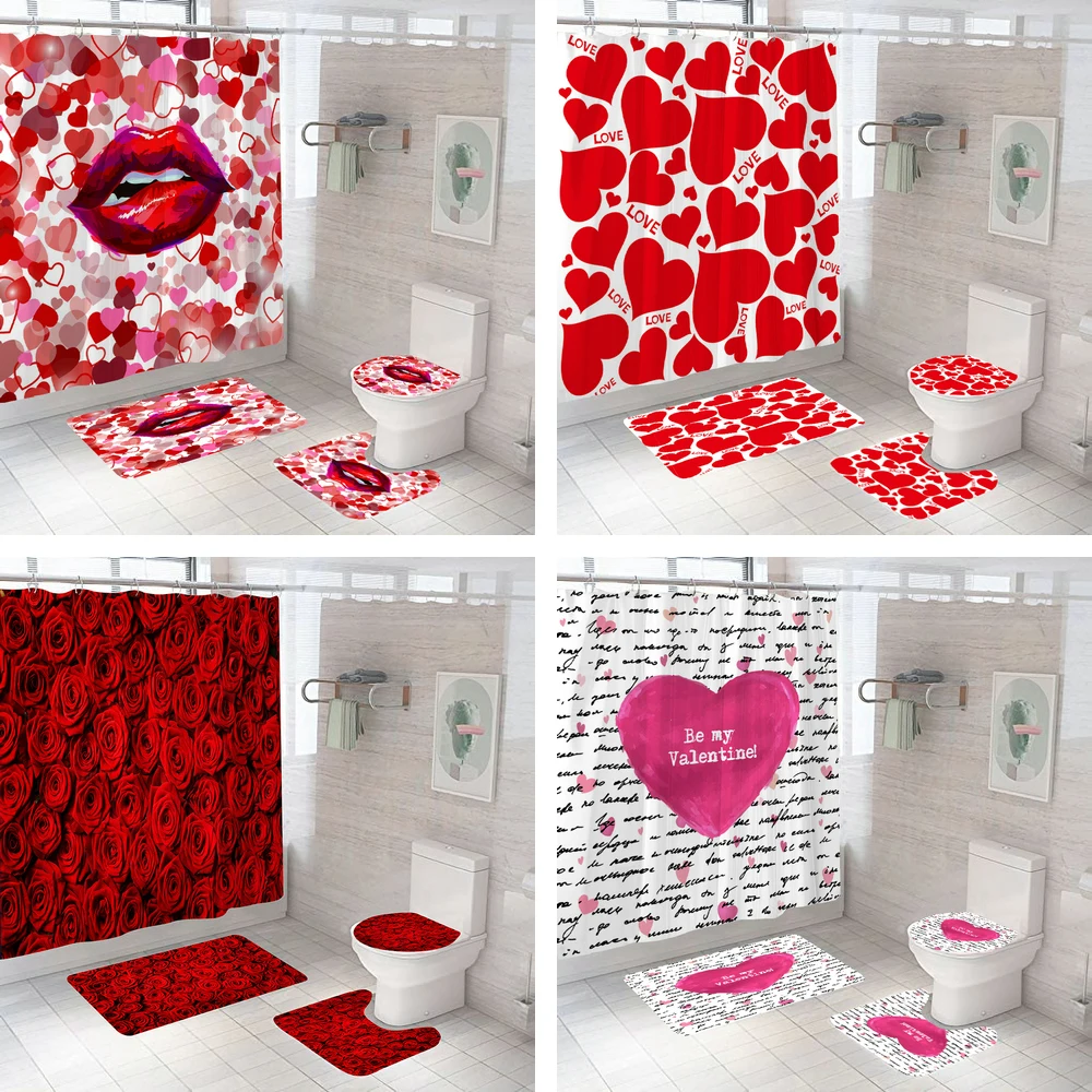 Happy Valentines Day Douchegordijnen Badkamer Gordijn Rose Flower Love Roze Badsets Toilet Cover Mat Antislip Wasruimte Tapijt Set