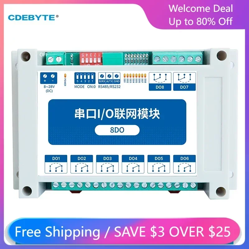 Modbus RTU Control I/O Network Modules Serial Port RS485 Interface 8DO CDEBYTE MA01-XXCX0080 Rail Installation 8~28VDC IoT