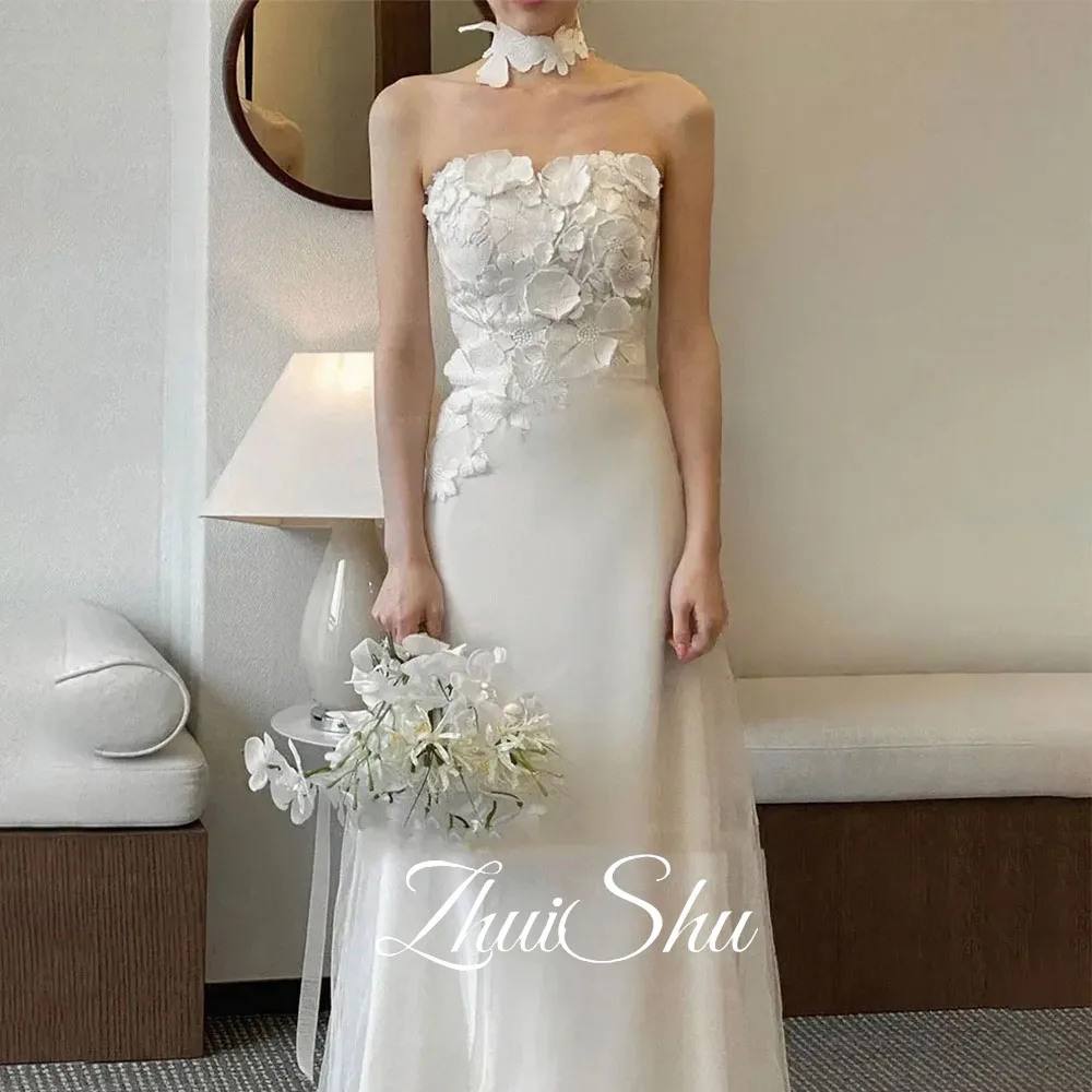 Elegant Lace Flower Wedding Dress Korean Photography Sleeveless A Line Evening Gown Elastic Satin Back Corset Customized