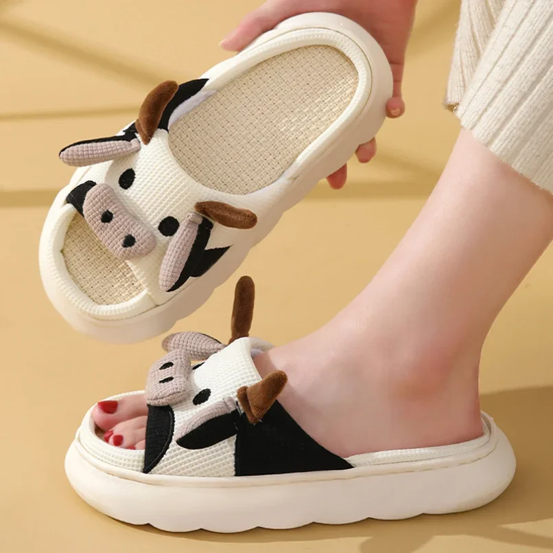 Home Slippers Frog Cow Women Summer Cute Linen  Couples Indoor House Non Slip Thick Funny Sandals Cartoon Kawaii Shoes 2024 New