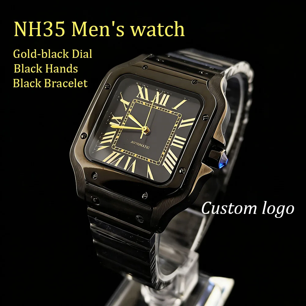 Novo relógio preto 38mm relógio automático de aço inoxidável masculino relógio de alta qualidade logotipo personalizado adequado para relógio de movimento nh35