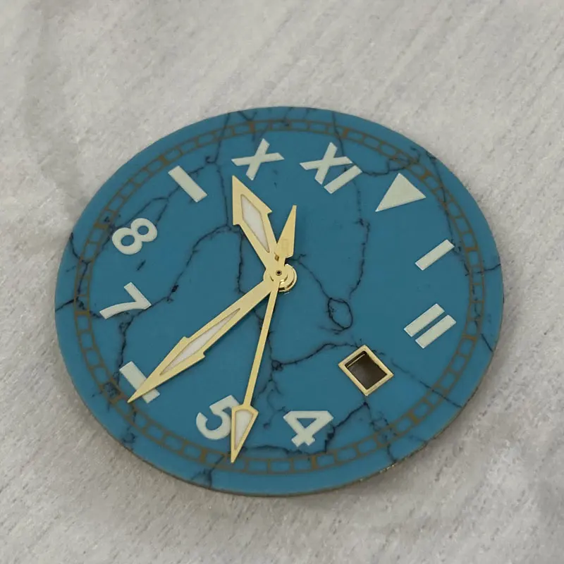 

Watch Parts 34.5mm Blue Turquoise Watch Dial Roman Numerals Luminous Marks Date Window Suitable For ETA 2824/SW200 Movement