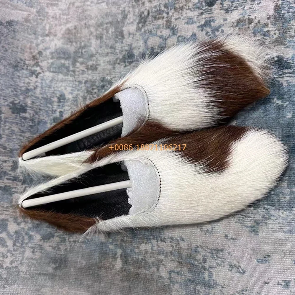 New Women's Cow Pattern Loafers 2025 Spring New Round Toe Fur Slip-On Flat Shoes Street Elegant Mixed Color Fashion Casual Shoes