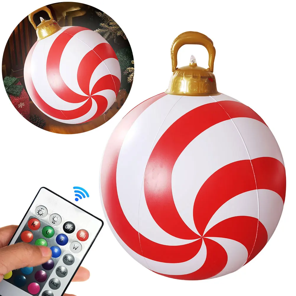 60cm Xmas Tree Decoration Toy Ball PVC Xmas Blow Up Ball with LED Light Outdoor Xmas Inflatable Decor Ball for Porch Lawn Garden