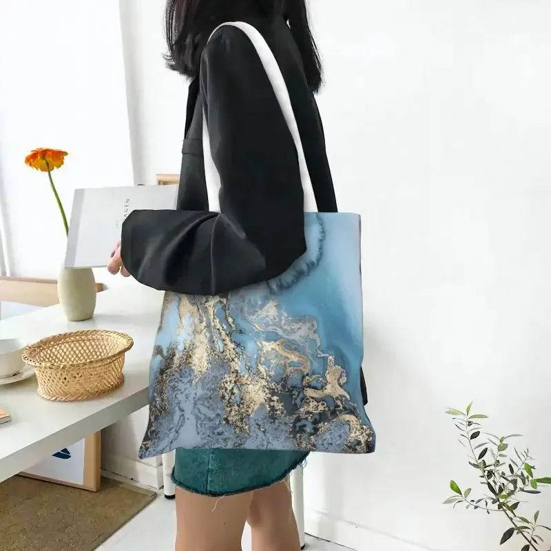 Funny Blue And Gold Marble Texture Shopping Tote Bag Recycling Geometric Abstract Pattern Canvas Grocery Shoulder Shopper Bag