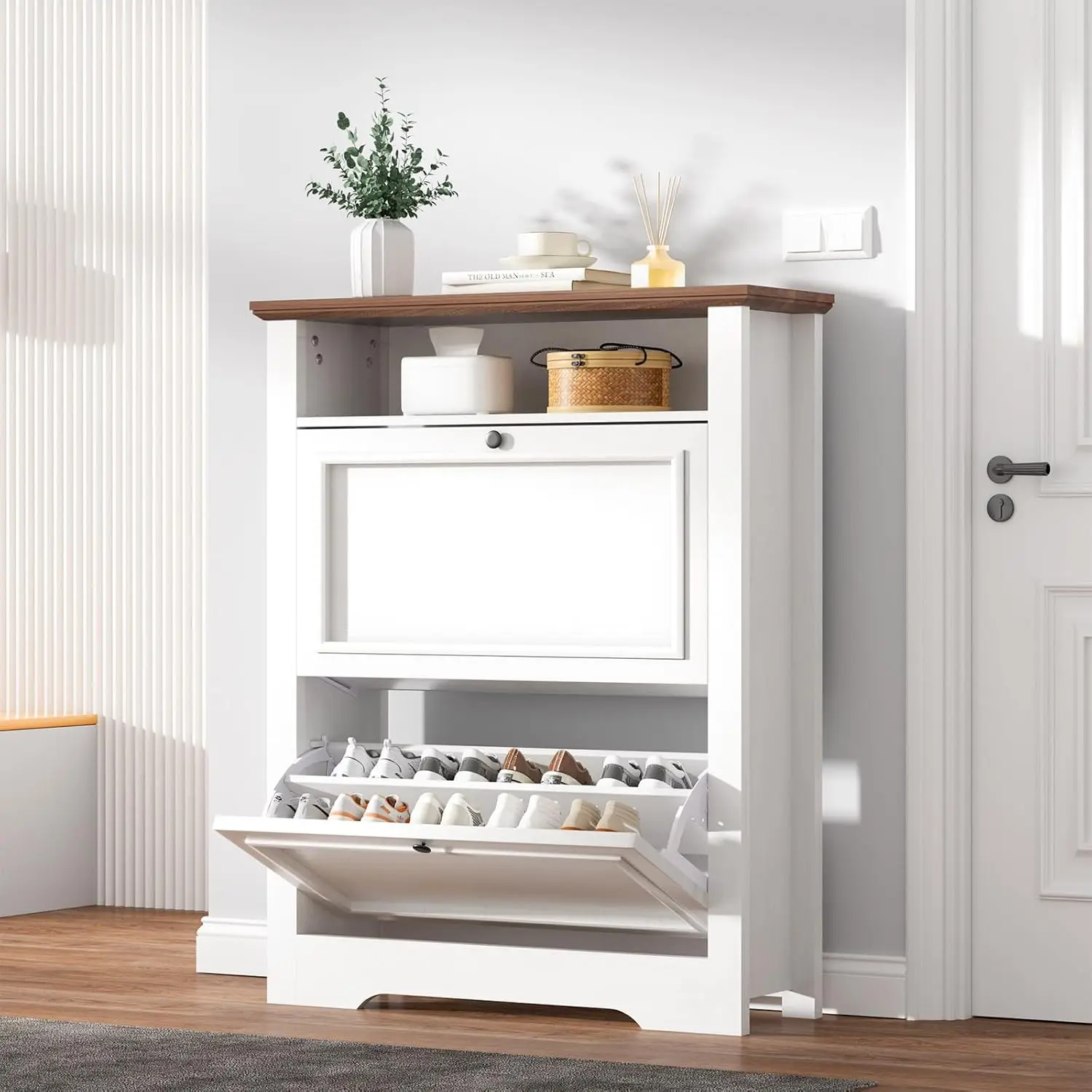 39 Inch Hidden Shoe Organizer Storage Cabinet with 2 Flip Drawers and Adjustable Shelves, Farmhouse‑Style Entryway Shoe Cabinet for Home Foyer, White Walnut