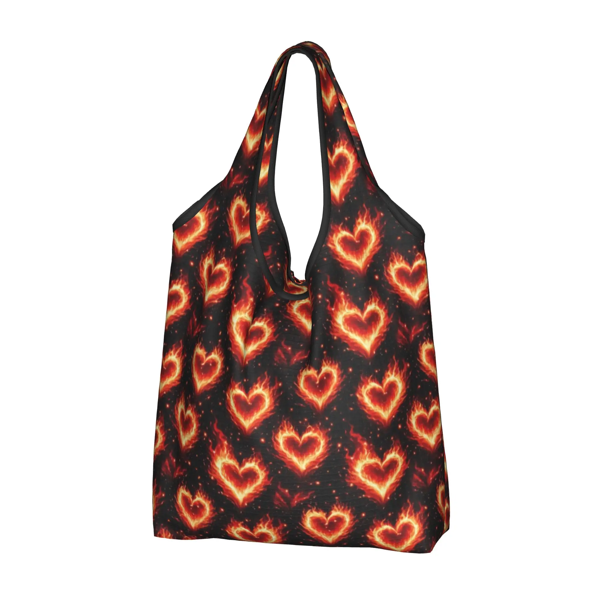 Red Heart Flame Valentine Groceries Shopping Bags Funny Shopper Shoulder Tote Bag Large Capacity Portable Flaming Fire  Handbag