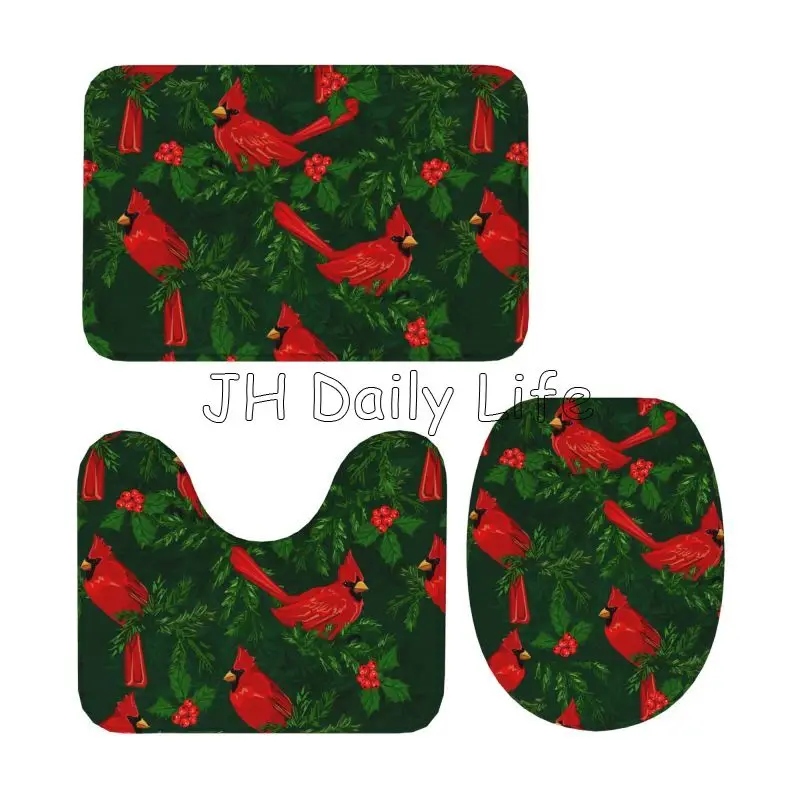 Red Cardinal Birds Bathroom Rugs Sets 3 Piece Coral Velvet Bath Rugs Non-Slip Absorbent U-Shaped Shower Mat Decor Area Rug Set