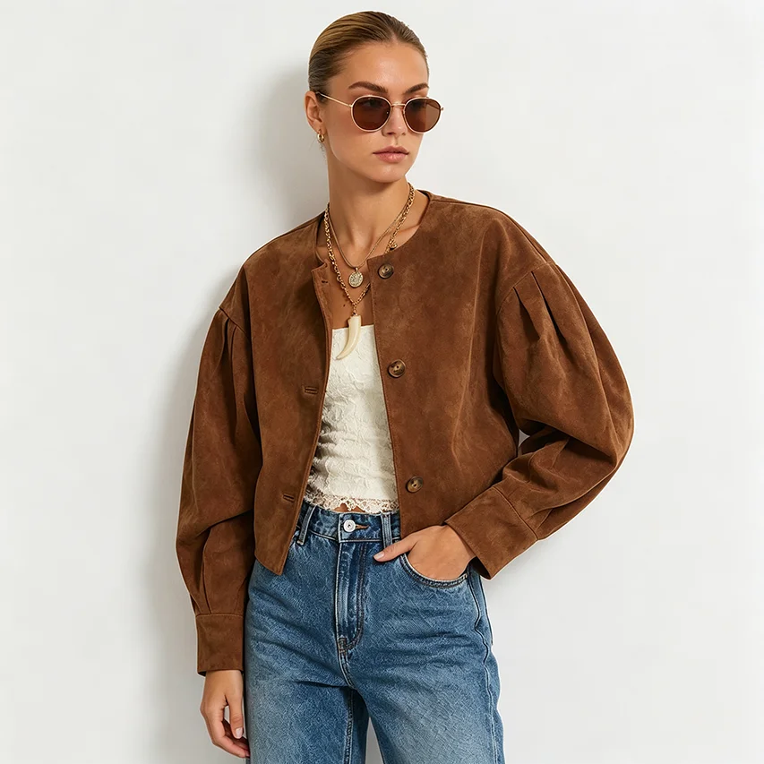 IG 2026 Women's Round Neck Cropped Suede Jacket, Front Button Closure Puff Pleated Long Sleeve Cuffed  Fit Short Outer Coat