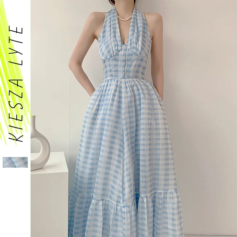 

Summer Dresses Women 2024 Vintage Blue Chiffon V Neck Halter New Summer French Elegant Midi Dresses