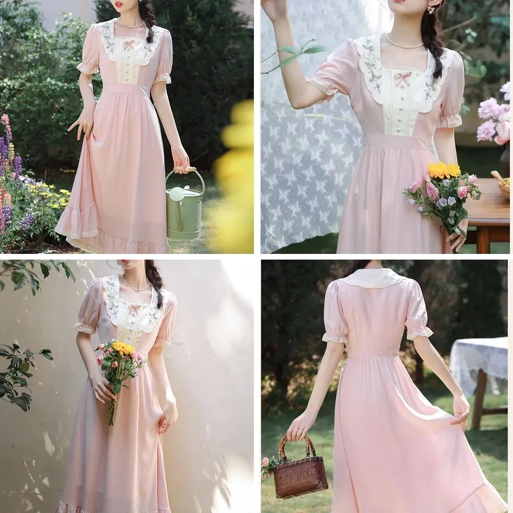 

Vintage Pink Lolita Dress with Floral Lace, Bow & Petal Sleeves | Cottagecore Midi Dress for Women