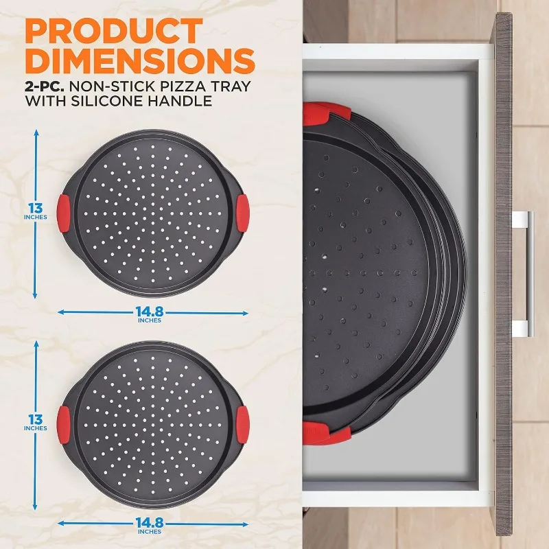 2-Piece 13-Inch Nonstick Pizza Tray, Round Carbon Steel Non-Stick Pizza Baking Pan with Perforated Holes