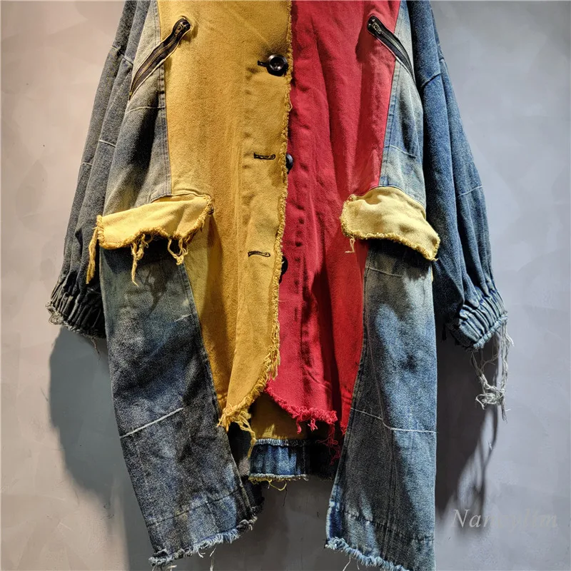 Personalized Fashion Irregular Stitching Contrast Color Denim Mid-Length Hooded Coat for Women 2024 Autumn Fashion Coats