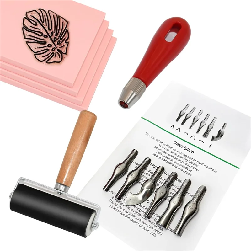 AB11-For Stamp Maker 4 Pack Rubber For Stamp Carving Blocks Linoleum Blocks With Cutter Tools Pink Rubber