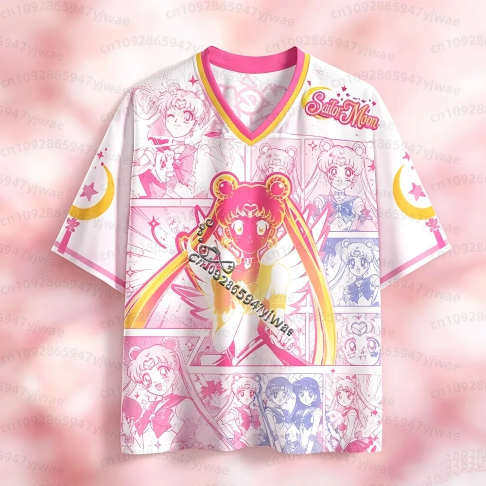 26 Sailor Moon Anime Mesh Jersey T-Shirt Tsukino Usagi Print V Neck Short Sleeve Tee Women Men Harajuku Streetwear Men T-Shirt view 6