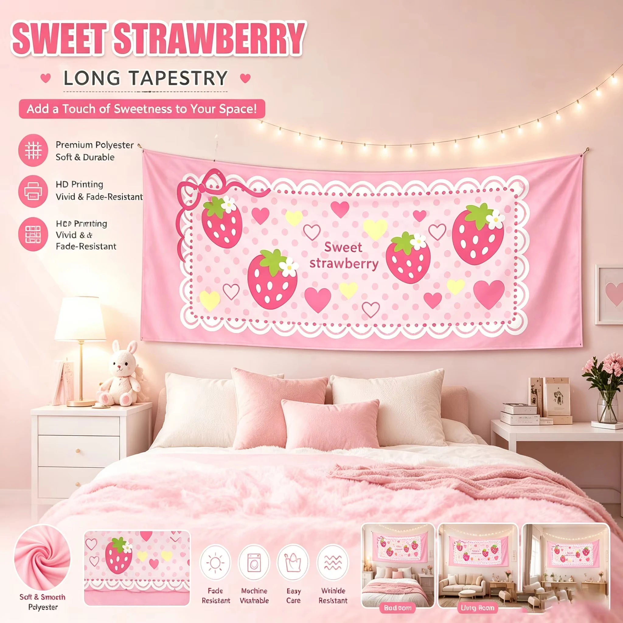 Image of Süße Erdbeer-Wandteppich mit rosa Spitze, Schleife und Herz – Vertikaler Wandbehang für Kawaii-Mädchenzimmer, Kopfteil-Deko, Geschenk