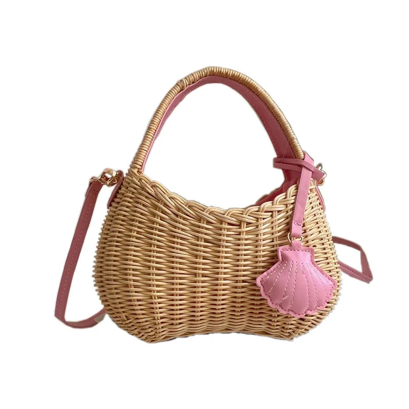 2025 Fashion Design Women Handmade Woven Rattan Handbag Casual Vacation Tote Bucket Bag Lady Basket Beach Bag Trend Shoulder Bag