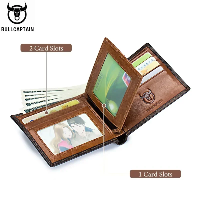 BULLCAPTAIN Men\'s Genuine Leather Wallet Business Retro Cash Clip RFID Multi-Card Slot Coin Purse QB05