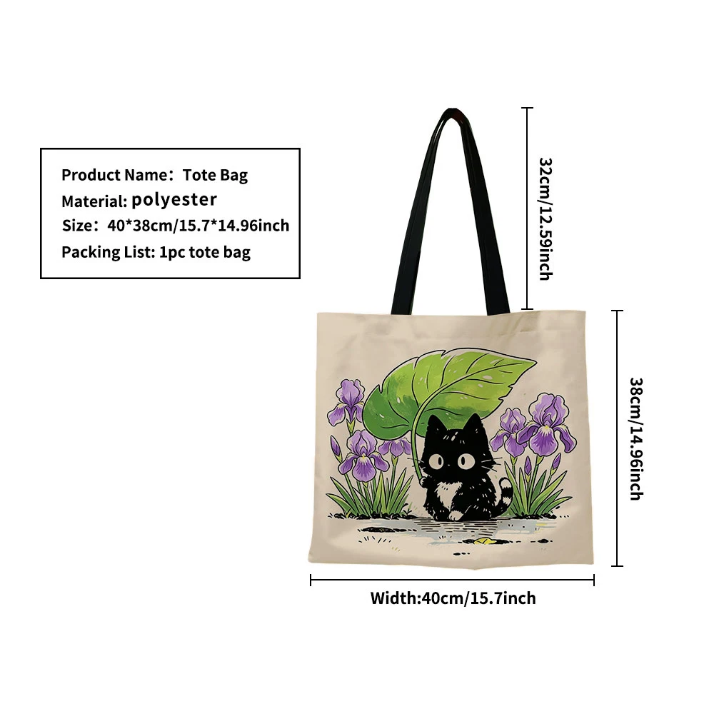 Cute Black Kitten Iris Flower Canvas Tote Bag – Adorable Cat Holding Leaf Umbrella Floral Print, Eco-Friendly Soft Shoulder Bag