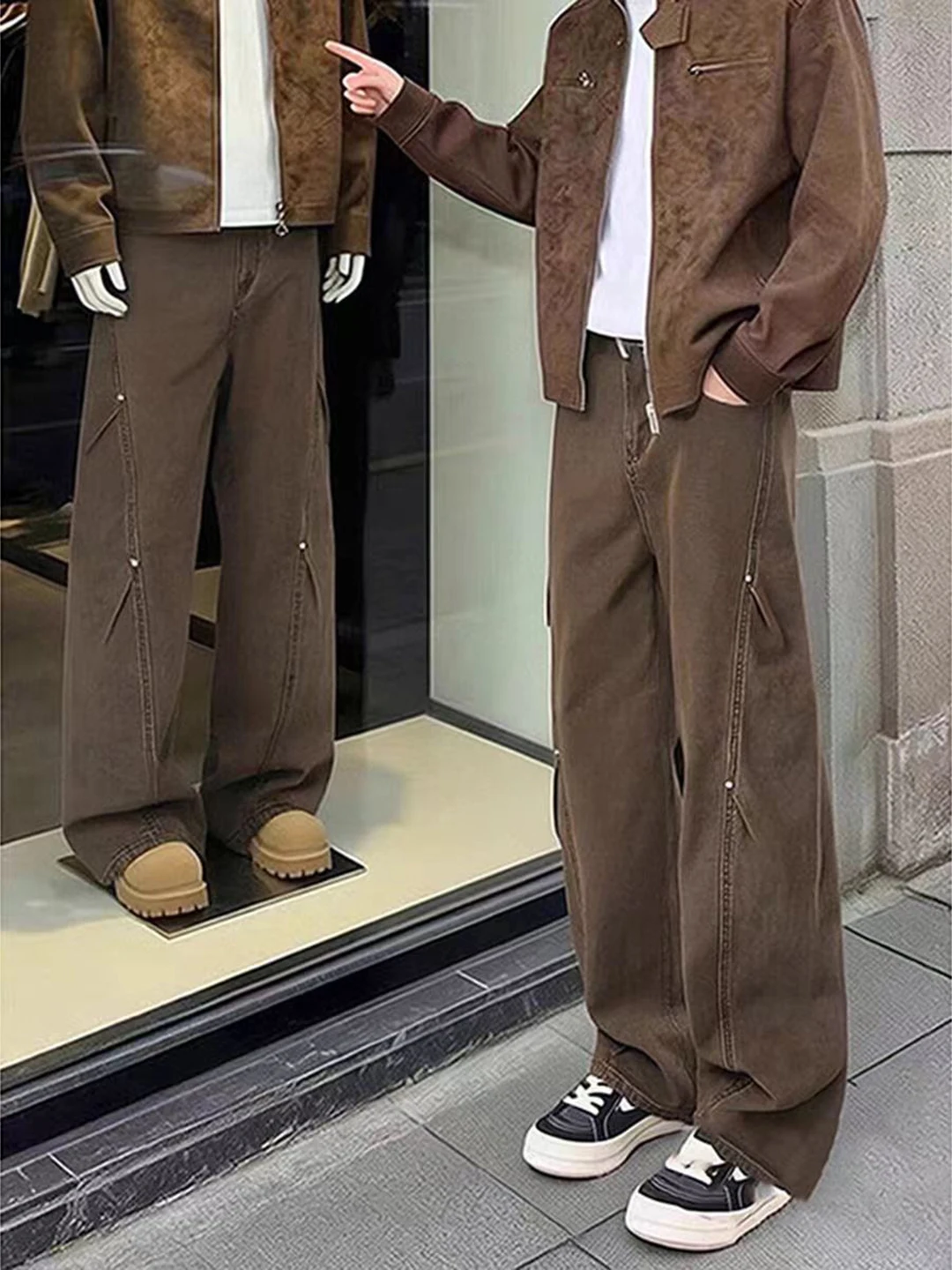 

Мужские джинсы Cé Brown Slim Fit прямого кроя с заклепками и складками, повседневные, удобные, дышащие, в рабочем стиле