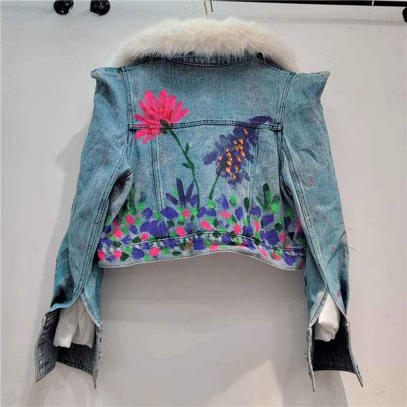 Autumn Winter Women Hand-Painted Flower Graffiti Printing Denim Jacket Warm Faux Rabbit Fur Liner Blue Slim Short Jeans Jacket