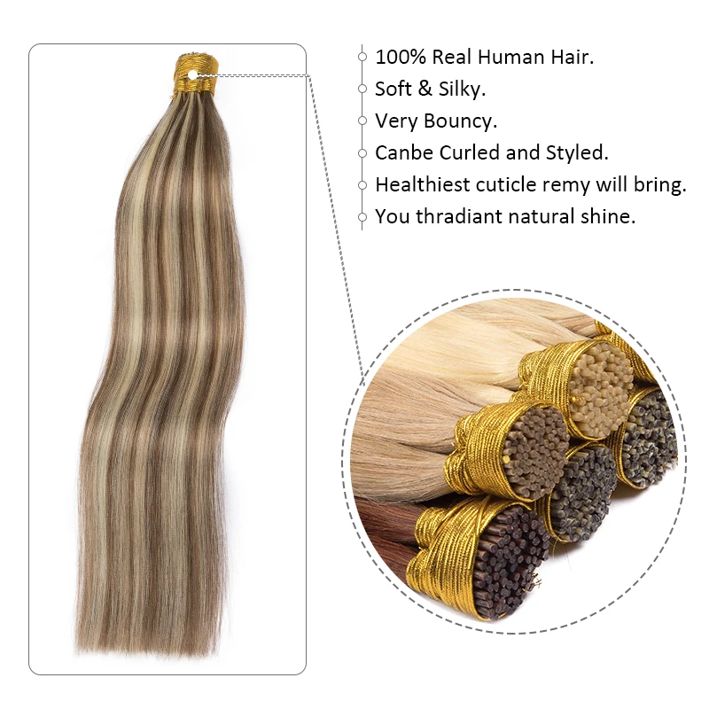 KUIN Straight I Tip Hair Extensions Natural Real Human Hair Extensions 50pcs/ Set Keratin Capsule Brown Blonde Color 12-26inch