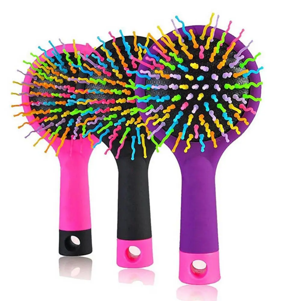 2 In 1 Cute Women Girl Comb Rainbow S-Curl Wave Brush Mirror Comb Air Anti-static Massage Hairbrush