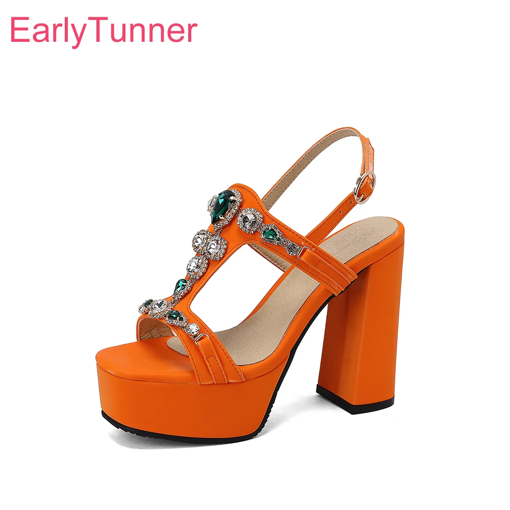 

2023 New Summer Glamour Orange Black Women Platform Sandals Crystal High Block Heels Lady Dress Shoes Plus Big Size 12 43 46 50