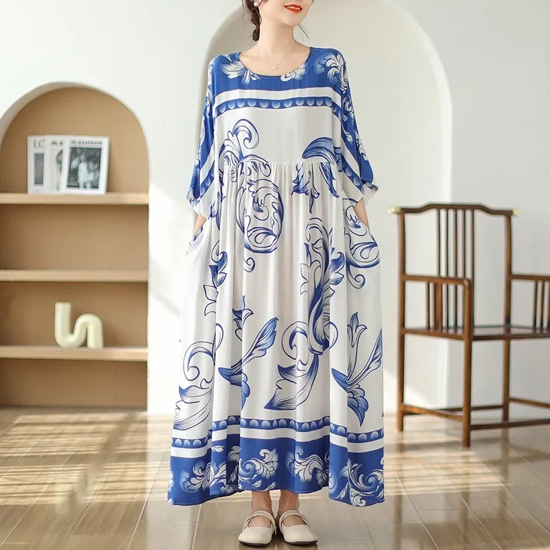 Kurzarm, übergroßer Baumwollsatin, Vintage-Blumenmuster, neu in Kleidern für Damen, lässig, locker, langes Sommerkleid, elegante Kleidung 2025,