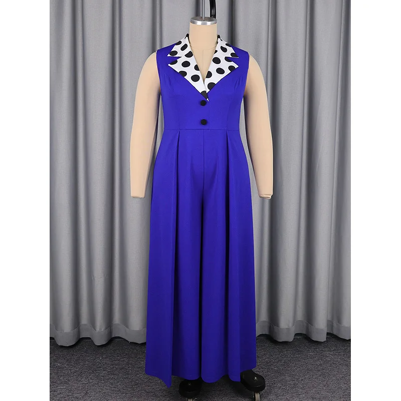Picture 5: Slergiri Plus Size Polka Dot Notched Neck Sleeveless Jumpsuit Women Summer Party Elegant Office Lady Pleated Wide Leg Pants