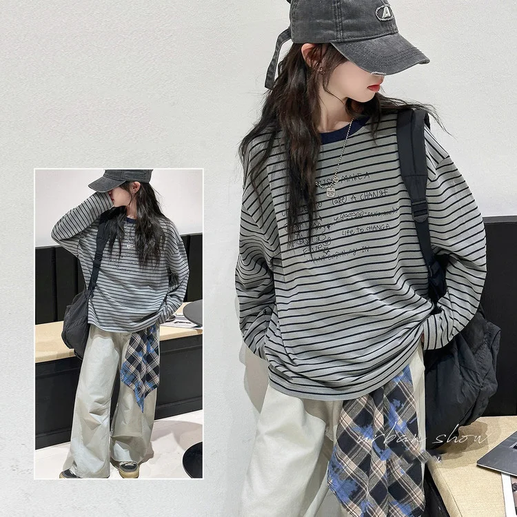 

Teenager Girl Outfit Autumn Children Girls Letter Printed Striped T-shirt Kids Girls Solid Loose Pant School Girls Two-piece Set