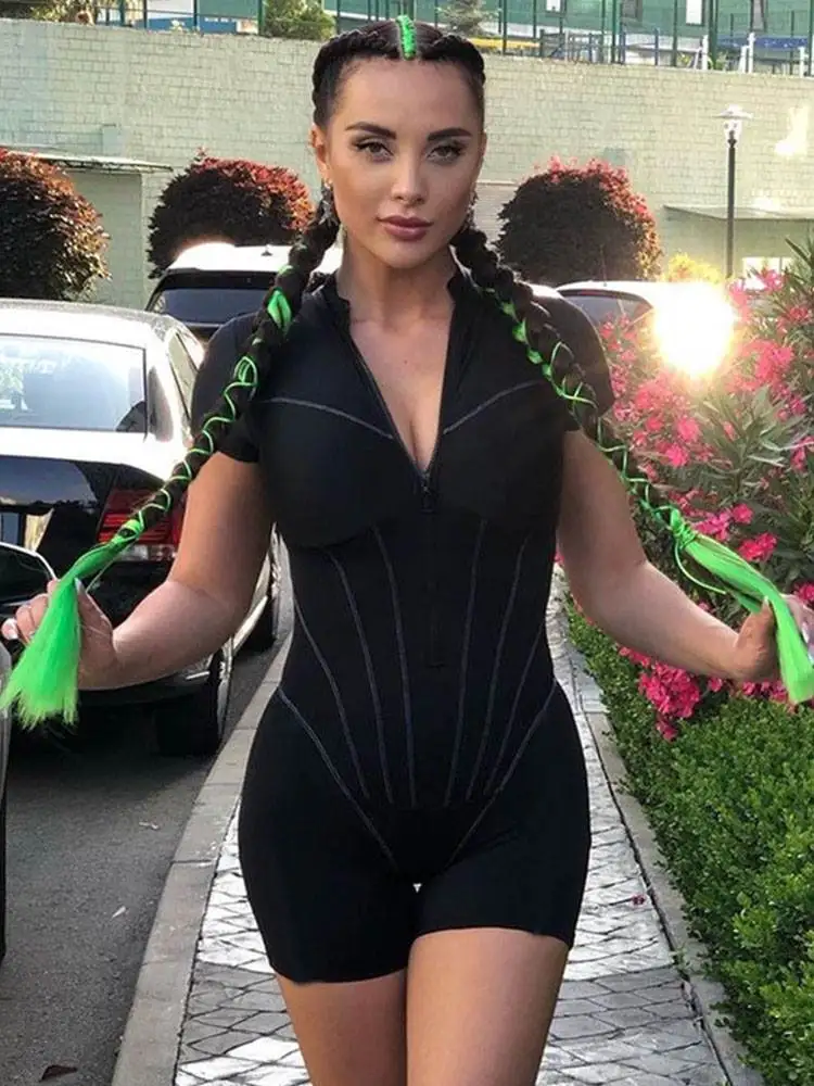 

American Sle Autumn Winter ort Sve Zipper Onesie Sexy Deep V Tight Waist Slimming Stripe Briefs Women's Faionable Suit