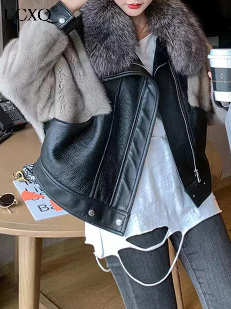 UCXQ Fashion Faux Fur Coat European Style Contrasting Color Splicing PU Loose All Match Tide Women\'s Jacket 2024 Autumn Winter