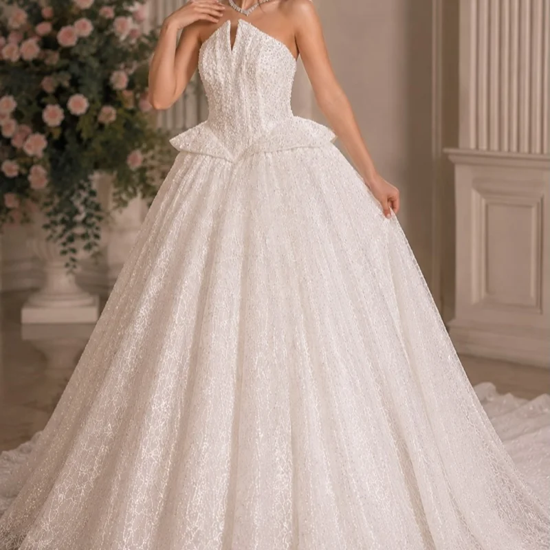 Luxury Beading White Appliques Wedding Dresses Beadwork Decal Puff Skirt long tail A-line Slit Made wedding dress Bridal Gown