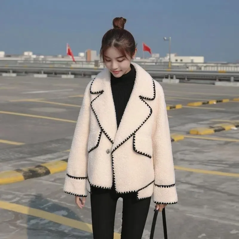 Loose Casual Lamb Fur Women's Coat Large Collar Stitching Design Autumn Winter New Sle Cross-Border Faion Ladies Outerwear