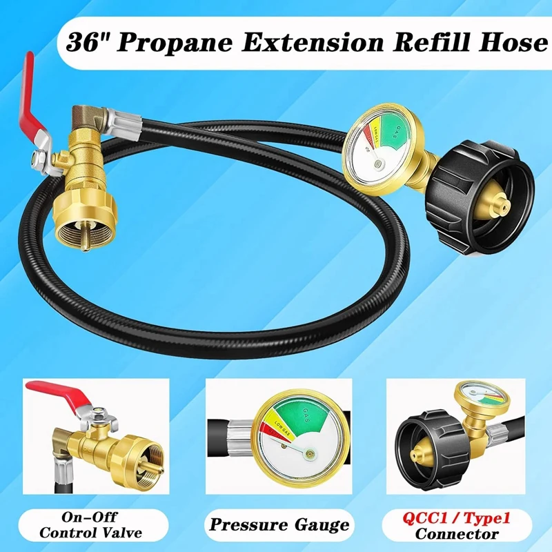 Propane Refill Adapter Hose Shut Off Valve 36In Propane Extension Refill Hose With Gauge