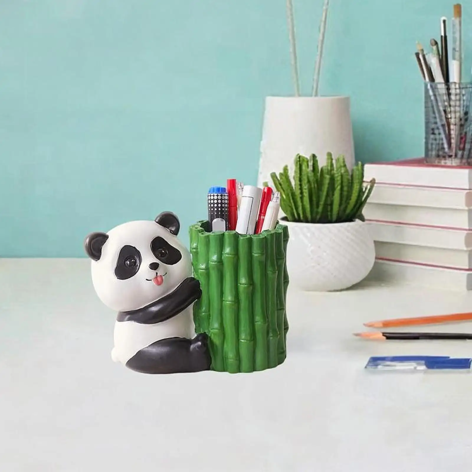 Desk Pencil Holder Resin Organizer Panda Decoration Adorable Animal Pen Cup for Study Room Supplies