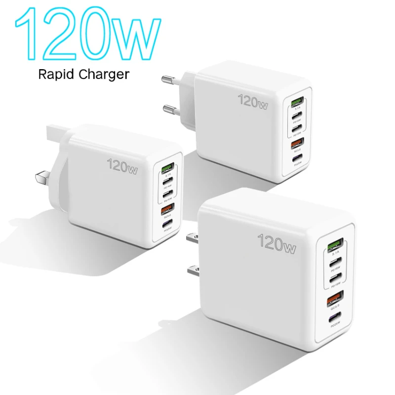 

120W USB Charger 5 Ports Type C Fast Charging Mobile Phone Wall Adapter EU/US/UK Plug For iPhone 15 Samsung Xiaomi Huawei
