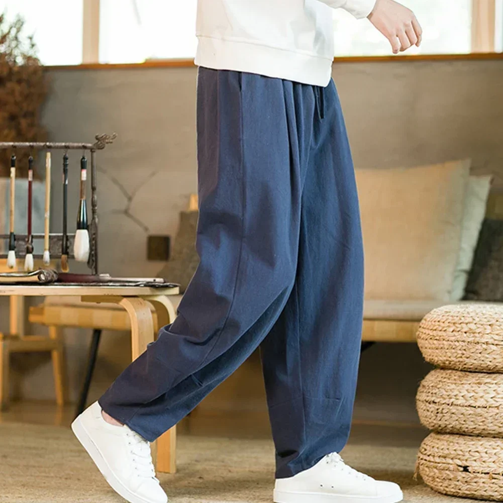 

Men's Chinese Style Kung Fu Pants Baggy Trousers Wide Leg Pants Cotton Linen Blend Elastic Waist Loose Casual Harem Pants